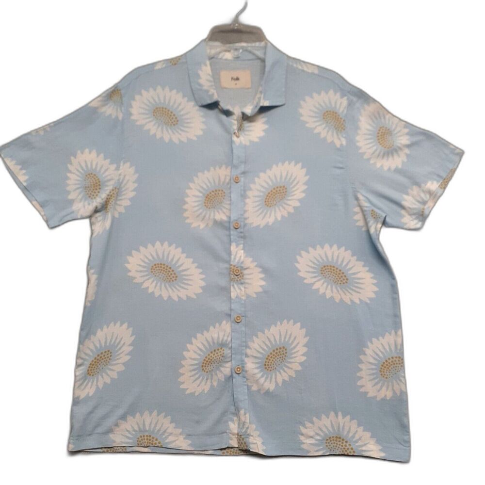 Folk Mens Sz M Short Sleeve Daisy Floral Linen Blend Blue Button Up Shirt NWT